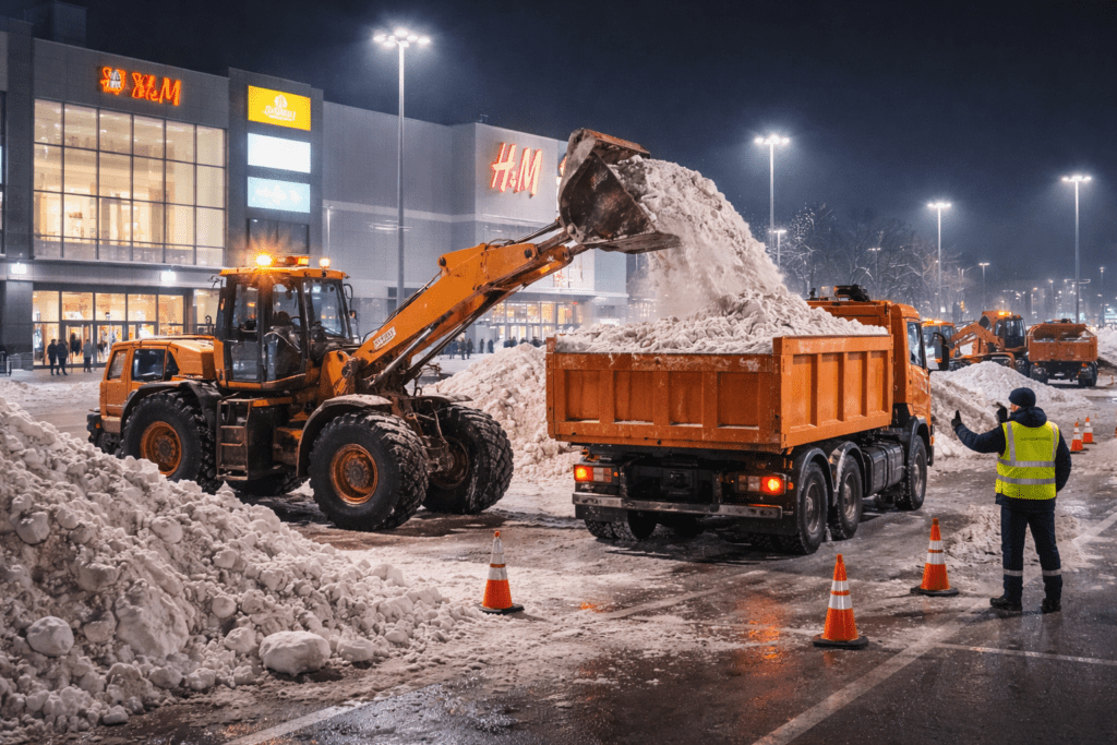 Вывоз снега с парковки ТЦ: без остановки трафика, СПб